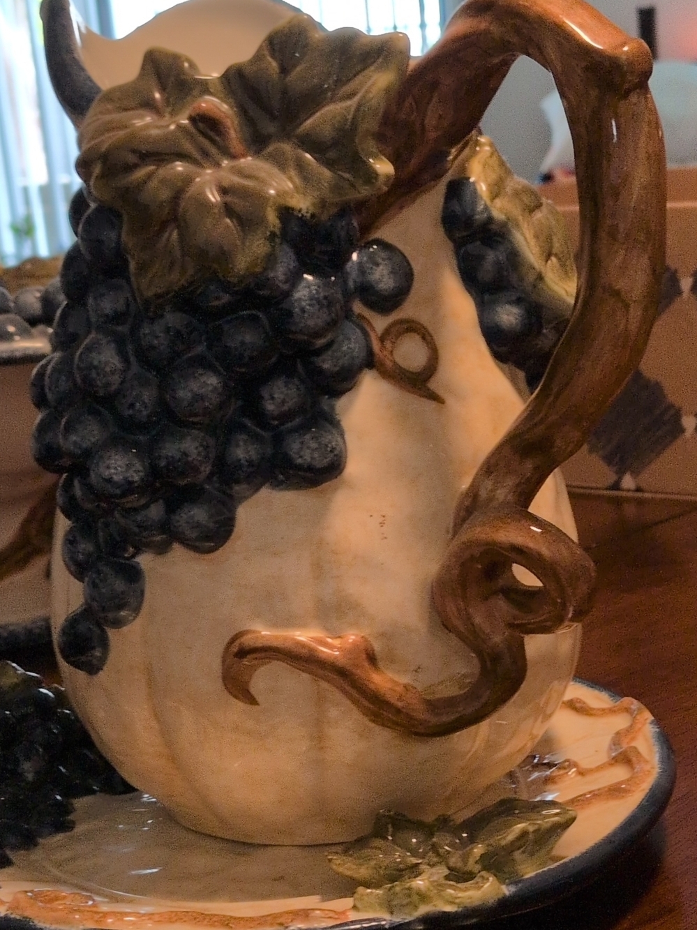 Hand-Painted Ceramic Grape Pitcher in Navy and Brown
